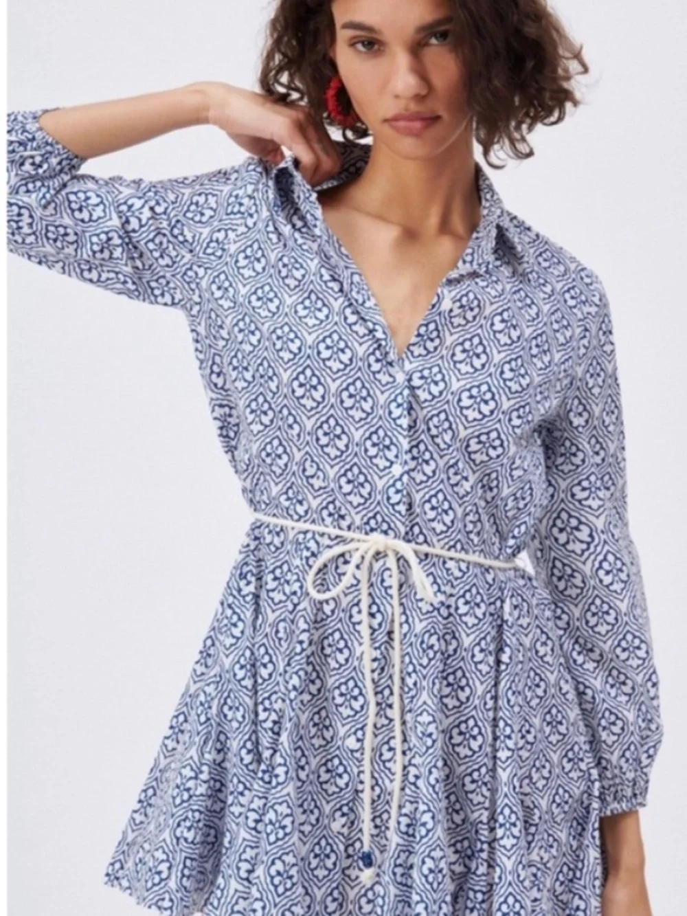 NWT [Zara] Button Down Blue White Tile Shirt Mini Dress Rope Belt | Medium - Picture 11 of 14
